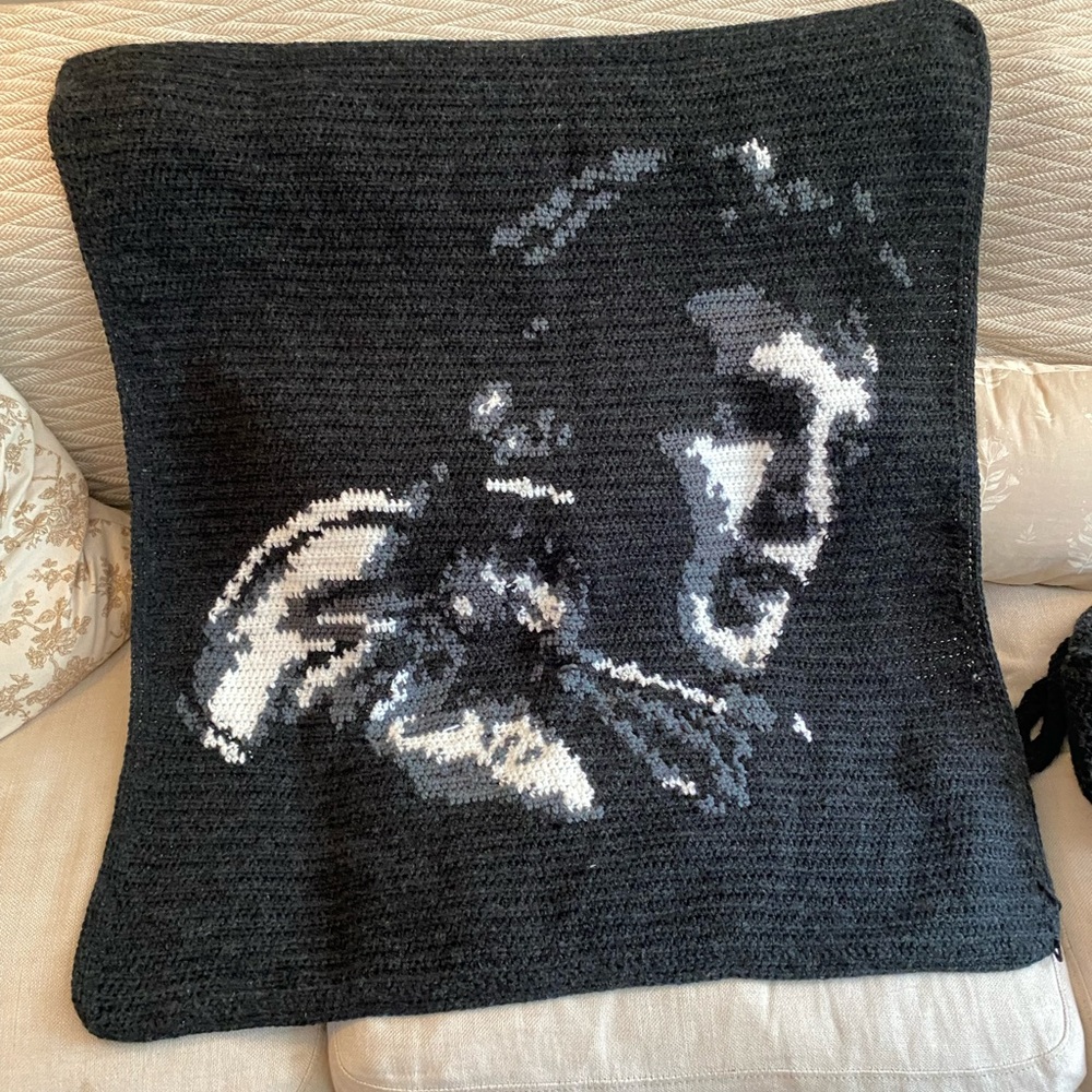 Elvis hand crafted crochet - Black and Gray Crochet blanket with Portrait Design